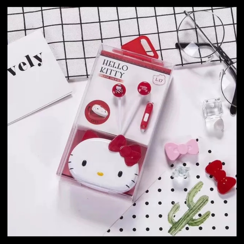 Red Hello Kitty 3.5 mm wired earphones with storage box
